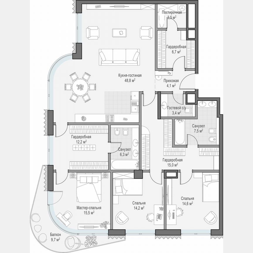 3-к. квартира, 161,5 м², 10/14 эт.