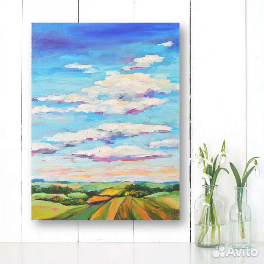 Картина маслом летний пейзаж поле небо облака