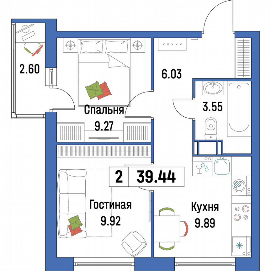 2-к. квартира, 39,4 м², 12/16 эт.