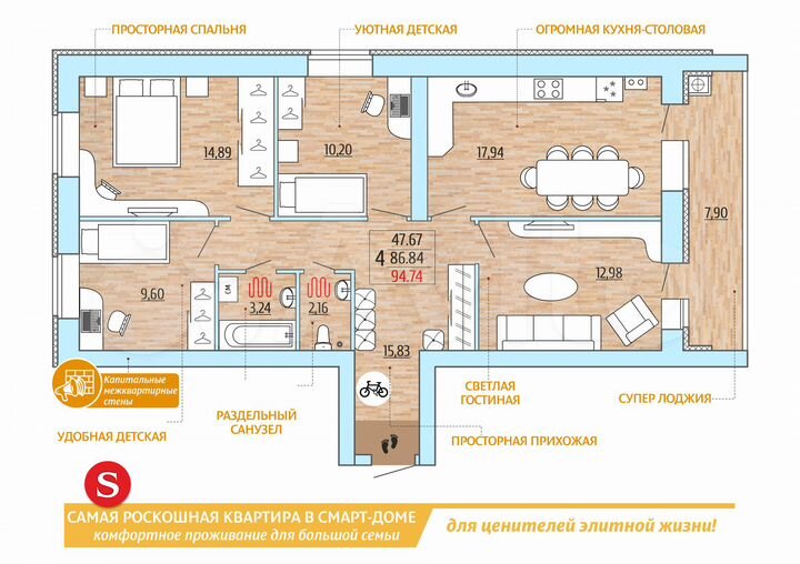 4-к. квартира, 94,7 м², 1/10 эт.