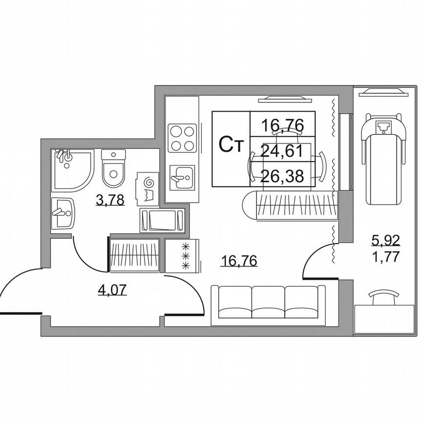 Квартира-студия, 26,4 м², 4/19 эт.