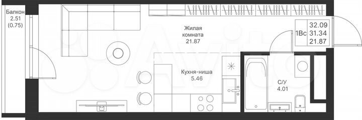 Квартира-студия, 32,1 м², 4/25 эт.