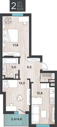 2-к. квартира, 63,6 м², 4/9 эт.