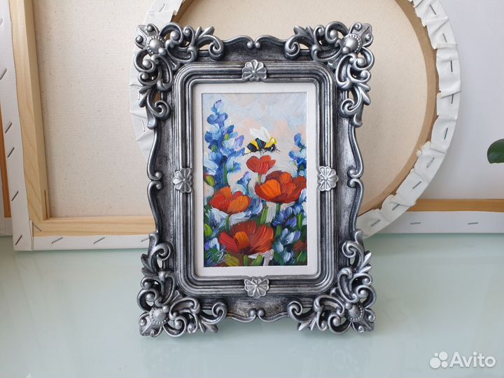 Картина Маки и Лаванда миниатюра в раме масло