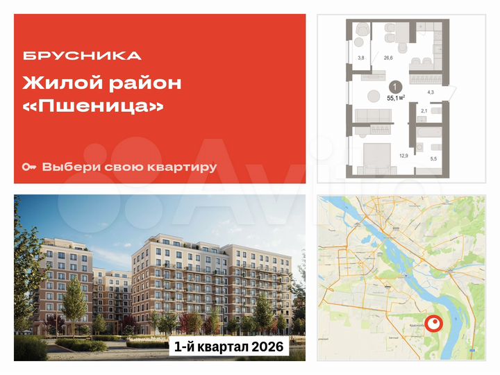 1-к. квартира, 55,1 м², 9/17 эт.