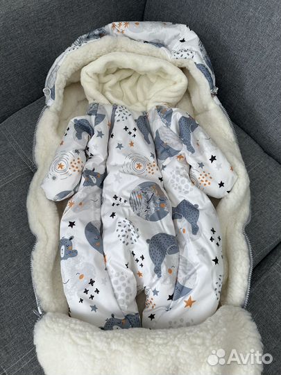 Зимний конверт+комбинезон на выписку 0-3 месяца