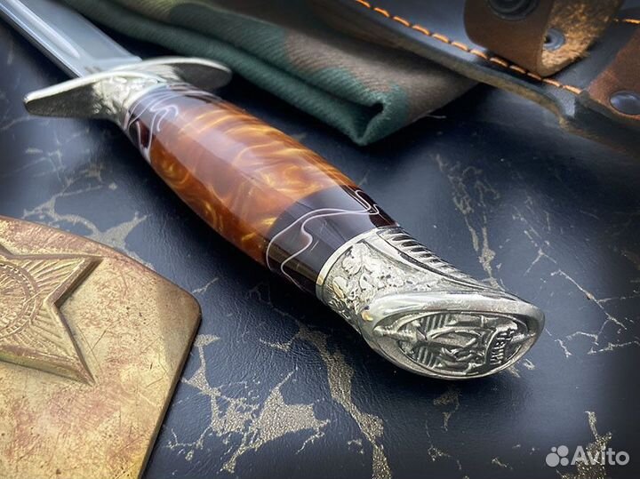 Нож финка «нквд», сталь К340, рукоять акрил коричневого цвета, литье мельхиор