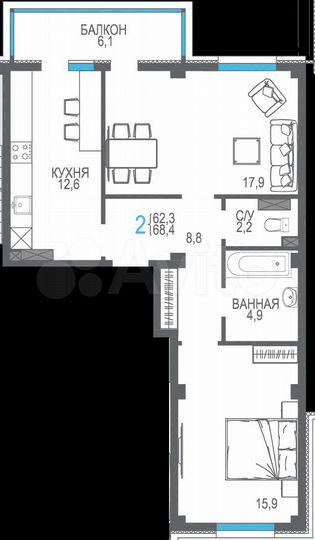 2-к. квартира, 68,4 м², 3/9 эт.