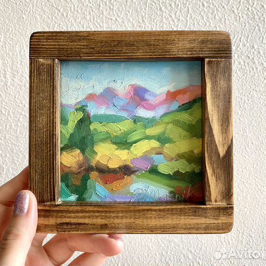 Горный пейзаж картина маслом миниатюра 13х13