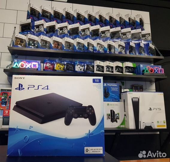 PS4 Slim 1Tb + 2 джойстика + 10 игр + гарантия