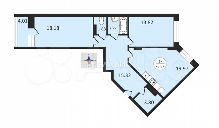 2-к. квартира, 80,6 м², 12/17 эт.