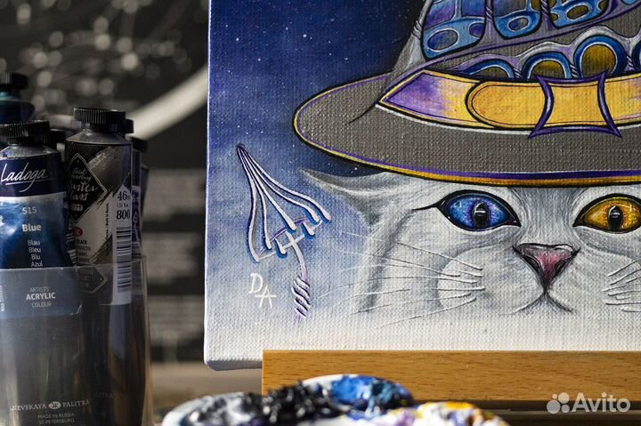 Картина кот в шляпе акрилом ручной работы 