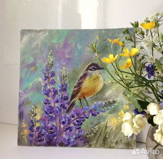 Картина маслом Люпины, пейзаж с цветами