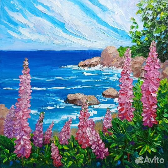 Картина маслом, море, цветы, холст 20х20см