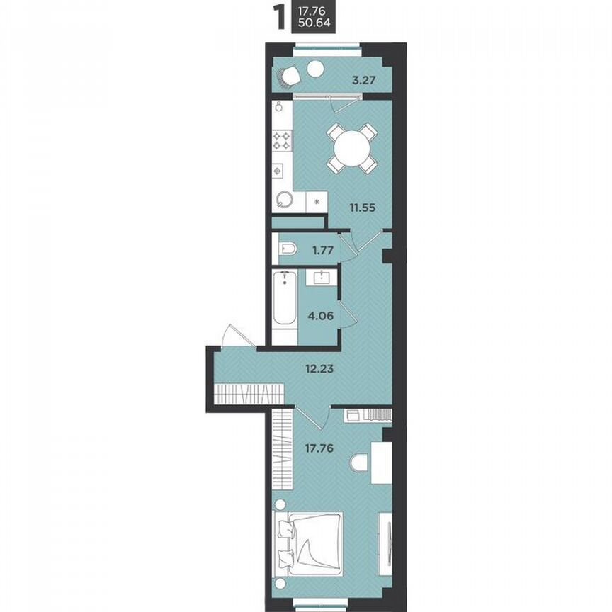 1-к. квартира, 50,6 м², 1/4 эт.