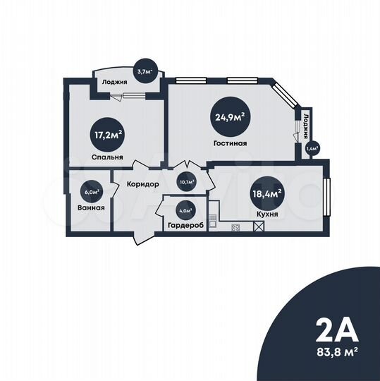 2-к. квартира, 83,8 м², 3/7 эт.