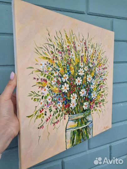 Картина маслом с цветами ромашки натюрморт холст