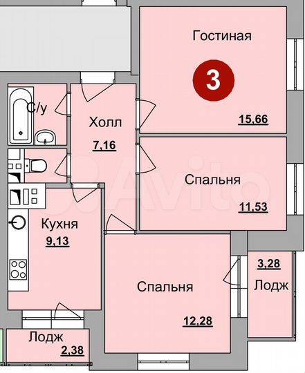 3-к. квартира, 66,1 м², 5/26 эт.