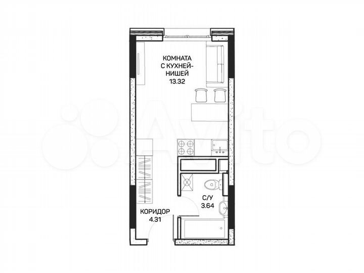 Апартаменты-студия, 21,3 м², 1/8 эт.