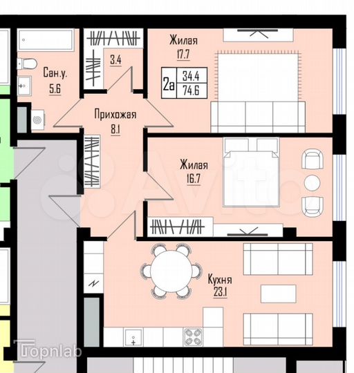 2-к. квартира, 74,6 м², 9/12 эт.