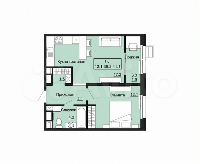 1-к. квартира, 41,1 м², 1/17 эт.