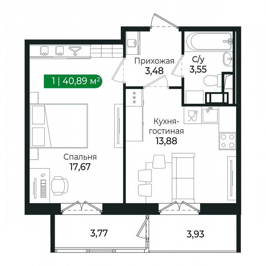 1-к. квартира, 40,9 м², 3/8 эт.