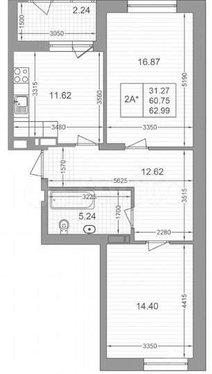 2-к. квартира, 63 м², 6/17 эт.
