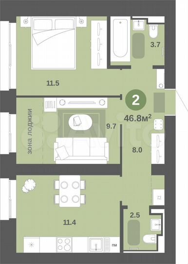 2-к. квартира, 46,8 м², 3/9 эт.