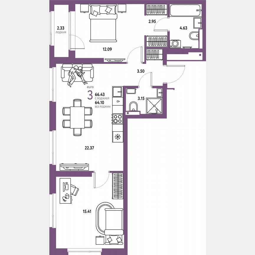 2-к. квартира, 65,3 м², 4/23 эт.