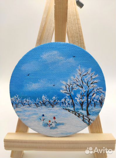 Магнит картина миниатюра на холсте Снеговики