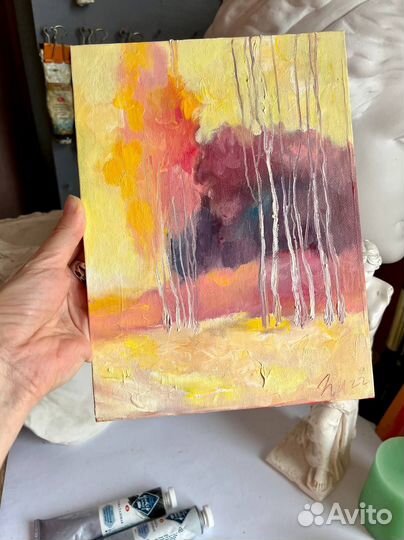 Картина маслом пейзаж лес утро березы холст