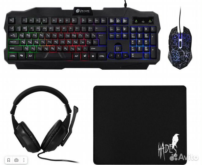 Комплект клавиатура+мышь+гарнитура+коврик oklick