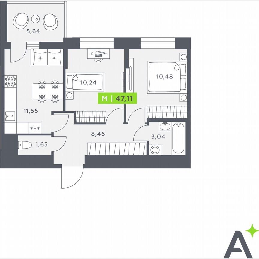 2-к. квартира, 47,1 м², 1/12 эт.