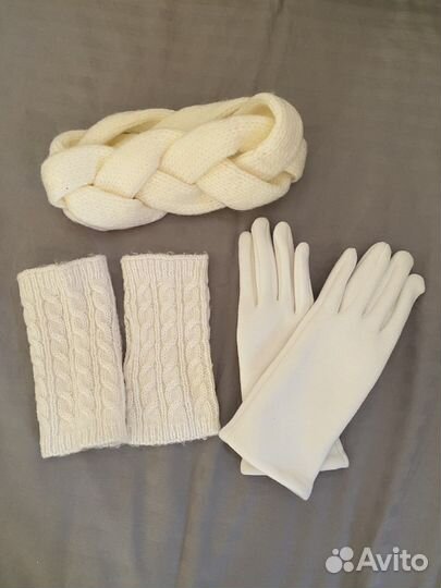 Вязаный ободок, перчатки, митенки