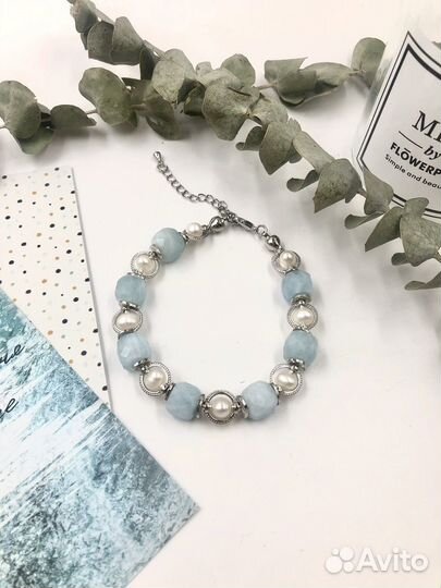 Браслет с аквамарином и жемчугом