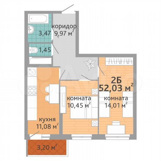 2-к. квартира, 52 м², 2/25 эт.