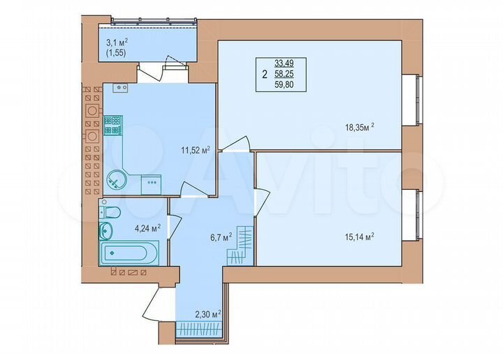 2-к. квартира, 59,8 м², 1/9 эт.