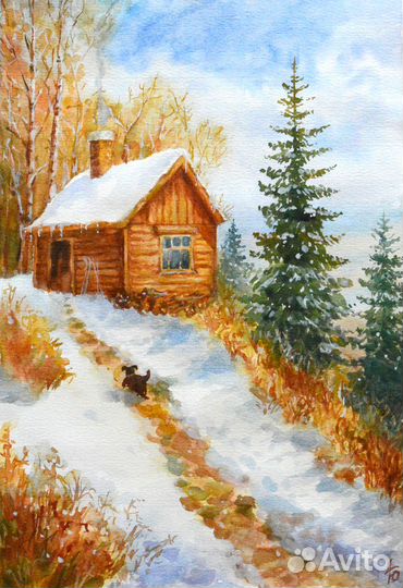 Картина Домик лесника акварель лес природа деревья
