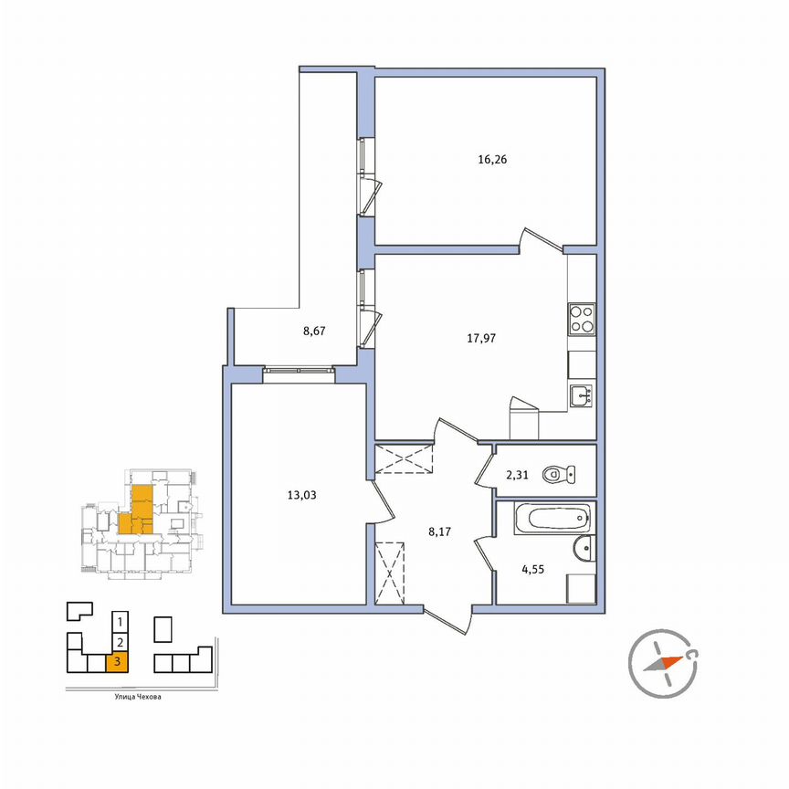 2-к. квартира, 66,9 м², 1/9 эт.
