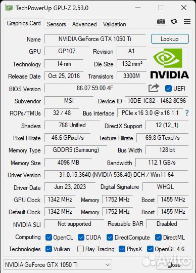 Видеокарта gtx 1050 ti msi
