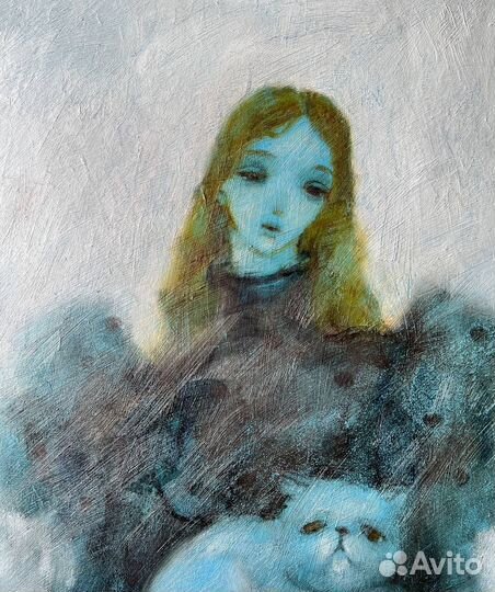 Картина маслом девушка кот стильная в интерьер