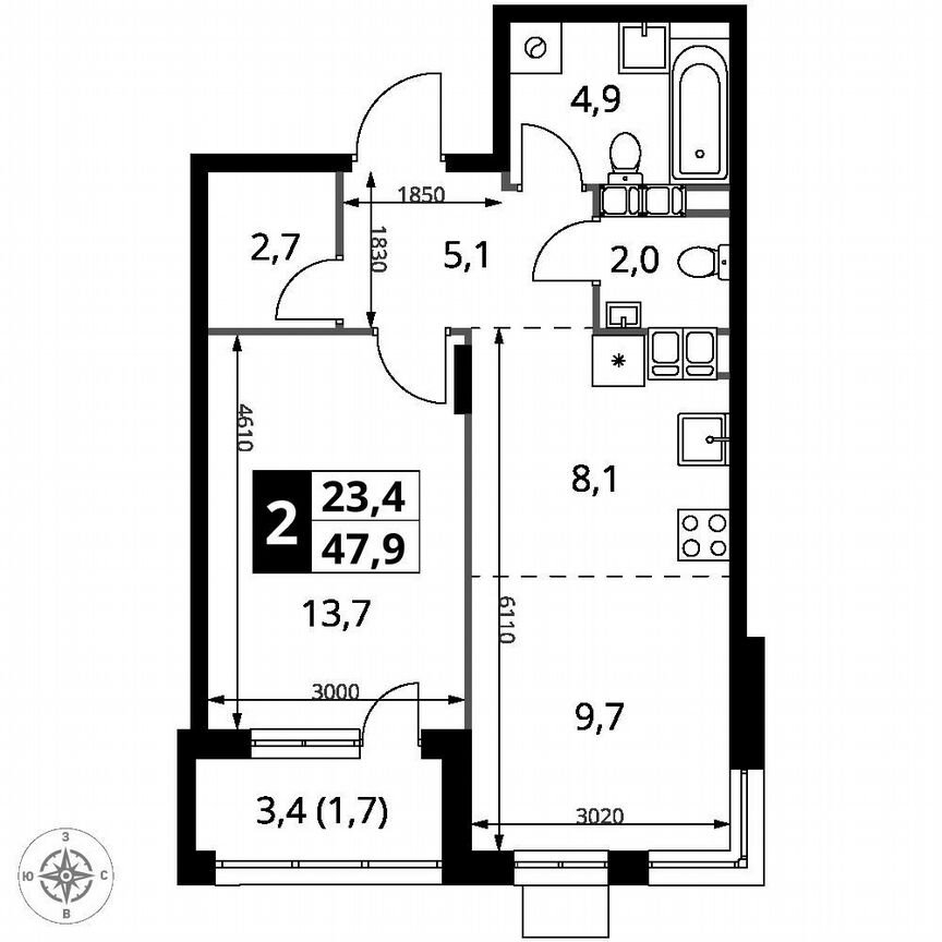1-к. квартира, 47,9 м², 23/25 эт.