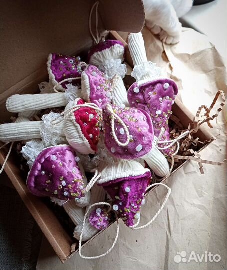 Грибы текстильные ёлочные игрушки мухоморы розовые