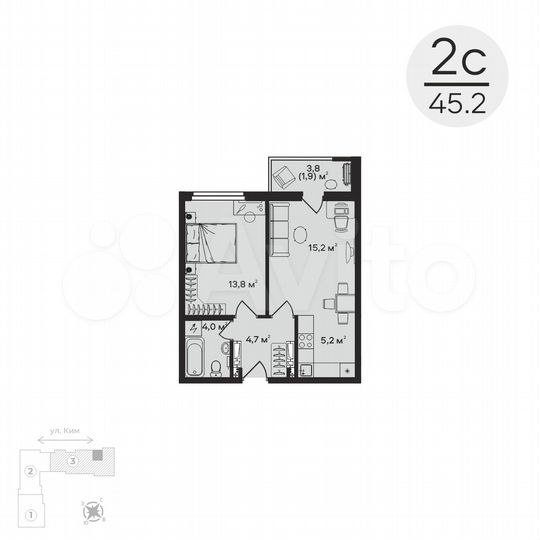 2-к. квартира, 45,2 м², 2/6 эт.