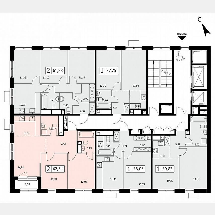 2-к. квартира, 62,5 м², 2/19 эт.