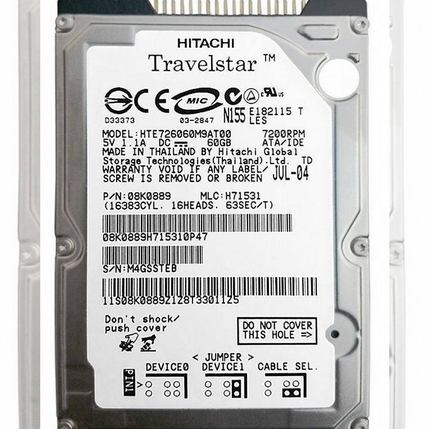 [HTS541060G9SA00] Жесткий Диск Hitachi Hte726060m9at00 60gb 7200 Ide Hts541060g9sa00