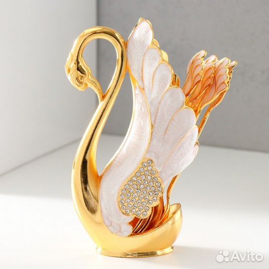 Набор из 6 шт сувенирных ложек в виде пера 'Розовый лебедь со стразами' 5х8,5х15 см