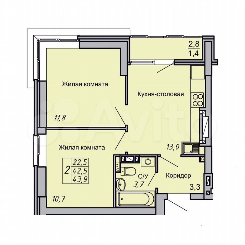 2-к. квартира, 43,9 м², 8/16 эт.