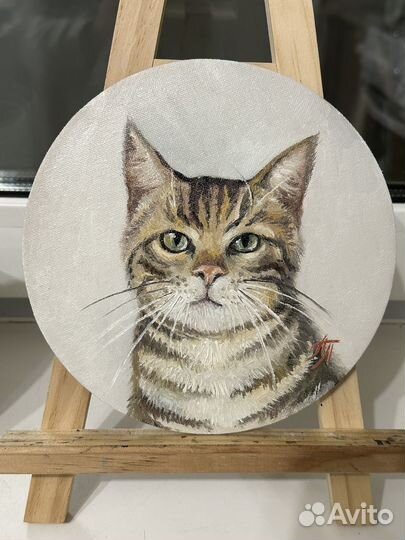 Картина маслом на холсте круглая Кошка 18 см