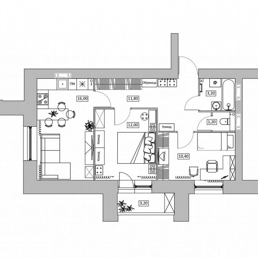 2-к. квартира, 57,7 м², 1/16 эт.